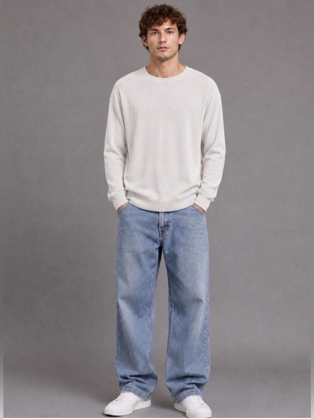 Topman Men’s XL Light Grey Ecru Lightweight Crewneck Sweater Minimalist Pullover